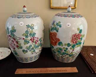 F116 - $50 each lidded porcelain jars. 