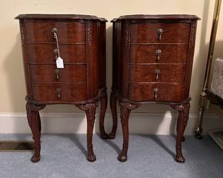 F50 - $225. Pair of Nightstands with burled wood veneer tops. In very good vintage condition. All drawers slide easily. 