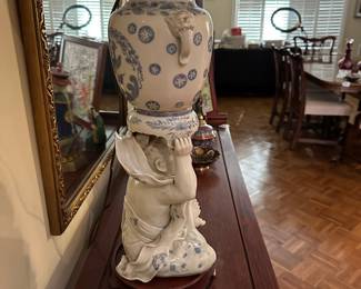 F52 - $125 - Blue & White Table Lamp. Leg has been glued on the bottom side - not noticeable unless you're looking hard!