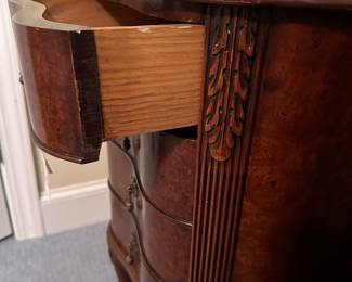 F50 - $225. Pair of Nightstands with burled wood veneer tops. In very good vintage condition. All drawers slide easily. 