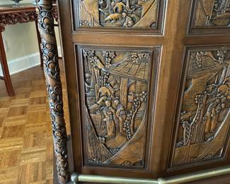 F14 - $750. Hand carved bar. Measures 22.5" deep x 6' wide x 43" tall. Brass foot rest across the bottom. Marble and Leather top. Needs minor repair to door on backside (new screws/wood glue to hold a hinge). Otherwise very good vintage condition. From China or Thailand. BUY IS RESPONSIBLE FOR MOVING. 