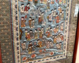 F6 - $75. Vintage Embroidery on Silk framed. Measures 14" x 26.5" tall. 