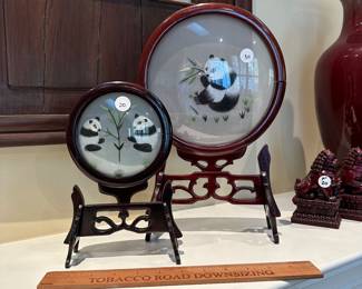 F121 - Decorative Silk Table Screens. $20 small pair of pandas. $30 slightly larger single panda. 