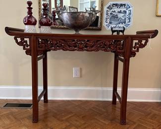 F87 - $450. Chinese Dragon Altar Table (Rosewood?) Measures 49" wide x 16" deep x 33" tall. Excellent Vintage Condition. 