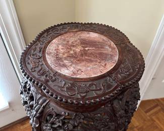 F11 - $125. Marble Insert Fern Stand. Measures 15" wide on the top. Body is 20" wide x 33" tall. Needs minor repairs (glue) on the base. 