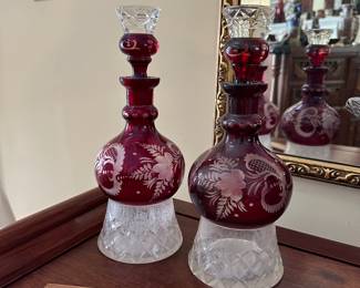 F83 - $30 each (ONE AVAILABLE). Czech glass decanters (stoppers do have chips on the inside)