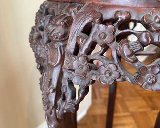 F11 - $125. Marble Insert Fern Stand. Measures 15" wide on the top. Body is 20" wide x 33" tall. Needs minor repairs (glue) on the base. 