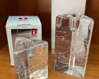 $120.00……………..VINTAGE PAIR IITTALA ARKIPELAGO FINISH GLASS CANDLESTICKS 5 1/2” AND 3 1/2” TALL WITH ORIGINAL BOXES