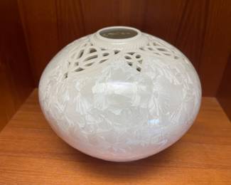$120.00………………….CRYSTILLINE POTTERY VASE WITH OPEN LACE BY ARTISAN FRANK NEEF 