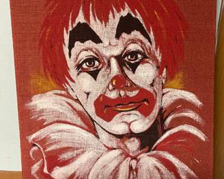 $150.00…………………….RICHTER ARTCRAFT CLOWN ON BURLAP, VERY GOOD CONDITION 