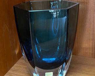 $200.00…………….MID CENTURY BLUE SWEDISH GLASS  BLOCK VASE FROM ASEDA SWEDEN 6” TALL 