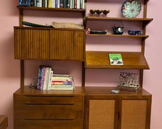 SOLD………LARGE UNIT 64” W X 17” D X 72” H, SMALLER UNIT 32” W X 17” D X 58” H Height measurements not included wall bracket, flat shelves are adjustable 