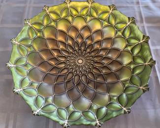 SOLD……………..$120.00…………..BEAUTIFUL DECORATIVE ART GLASS CARNIVAL GLASS BOWL 15 1/2” D