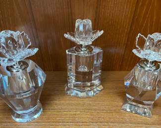 $150.00………………LOVELY SET OF 3 SHANNON CUT CRYSTAL PERFUME BOTTLES WITH FLORAL AND ROSE DAPPERS.  SOLD AS A SET 