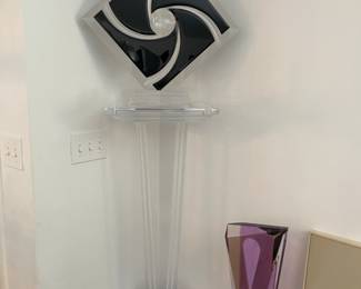 $2,000.00……….SET OF 3 SHLOMI HAZIZA LUCITE SCULPTURES AND STAND/TABLE (SCULPTURES INTERCHANGEABLY)