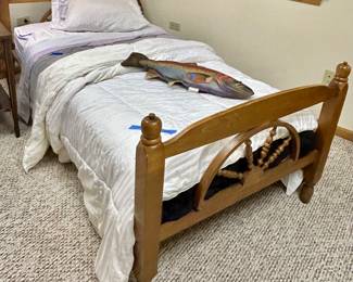 Wagon wheel vintage twin head, foot boards & metal spring mattress base $50. (2) available