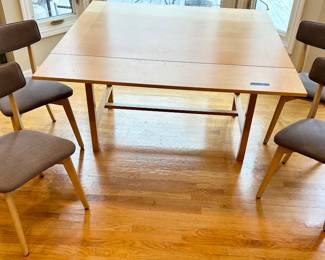  Scandinavian table 56 x 31 x 29”h 
with pull out leaves stored under table top (55”Sq open) $145
4 upholstered seat chairs $25 each