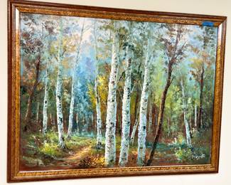 White Birch Framed Oil, 52 x 41” $125