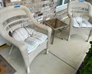  3 pc set - (2) all weather chairs with seat cushions 28 x  26 (16.5”h floor to seat) + 18”Sq table $125
Table 18sq