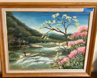 29 x 23“ framed landscape with fisherman $50