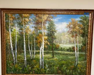 White Birch Framed Oil, 52 x 41” $125