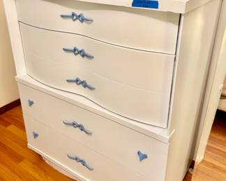 5 drawer white dresser with light blue trim 37w x 19d x 43”h $60