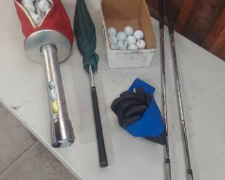 Golf balls, clubs and ball retriever