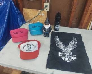 Gnome, hats, Harley Davidson bag and water bottle