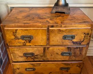 Pair of campaign chests - Jack Brandt ( burled wood), updated with restoration hardware