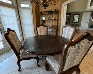 Marble top table with 4 matching newly reupholstered chairs