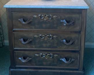 Marble top carved wood handle chest. 
31w x 16d x 29.5h
$450