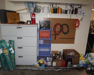 file cabinet, bag chairs, crates, household good