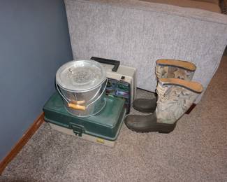 minnow bucket, tackle boxes, rubber boots