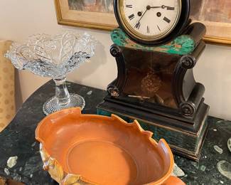 French clock with Roseville Clematis console bowl