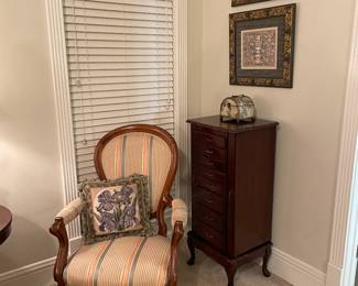 Mahogany jewelry chest with old mahogany Victorian armchair ( one of a pair)