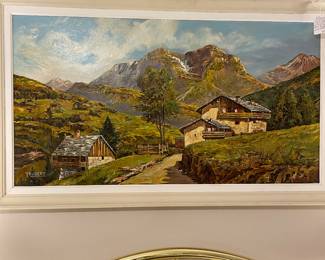 French artist J C Trussett oil painting of Swiss village