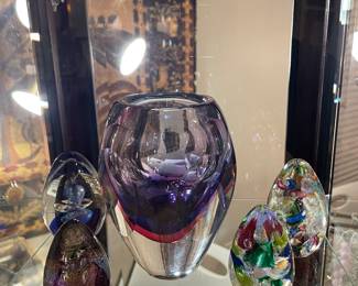 Glass Eye Studio Art glass eggs with cut crystal cased art glass vase