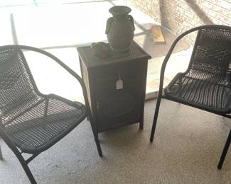 Pair of wicker and metal chairs with rattan cabinet 