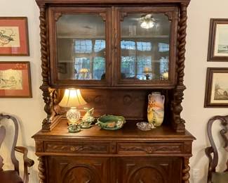 Fabulous Barley twist English oak cupboard with carved Griffins and Quail