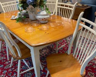 Pine and cream dining table and 6 chairs with leaf