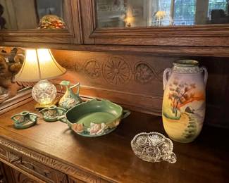 Waterford lamp with Roseville “ Magnolia “ console set and 1920’s Nippon vase