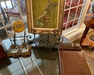 Montgomery artist Catherine Ross oil of a nude with late 1800’s bronze and crystal inkwell and antique alligator 
 travel desk