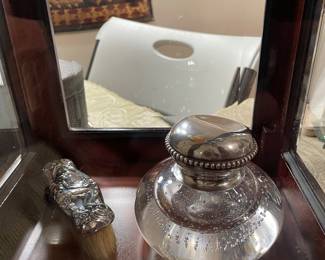 George Jensin Sterling and Erickson Art glass inkwell with sterling items 