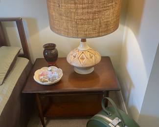 Mid Century walnut table with Mid Century lamp