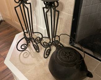 Star No 8 cast iron kettle with wrought iron candleholders 