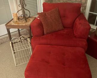 Red ultra suede armchair with ottoman and tile top table