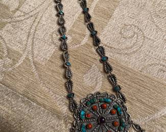Southwestern Sterling with turquoise and coral necklace 
