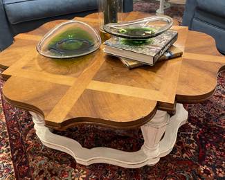 Inlaided Italian Renaissance Revival walnut and oak coffee table with distressed gesso base