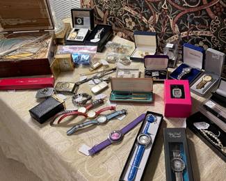 Selection of men’s and ladies watches with old oak turn of the century box of jeweler’s sterling for jewelry making