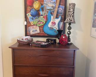Mid Century walnut chest of drawers by Basset Furniture Company “ Jamestown Jamaica “ with original Jubilee painting by Montgomery artist Betsy Barrett Hails 